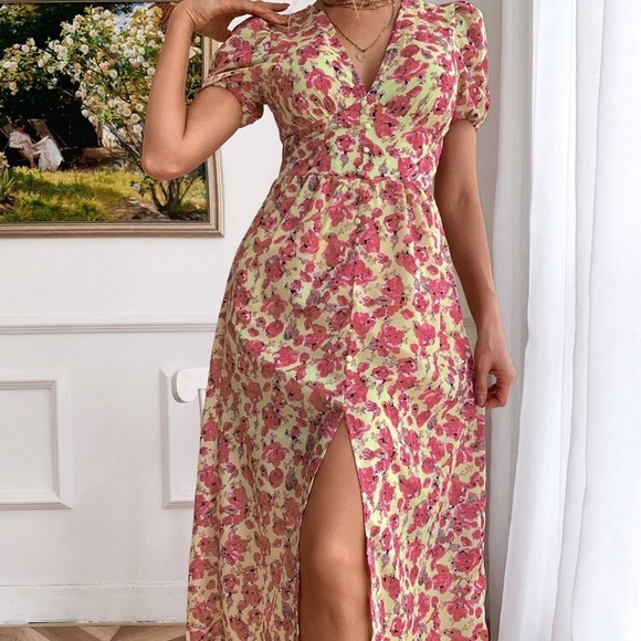 Shein Button Through Allover Pink and Yellow Floral Dress - Picture 2 of 11